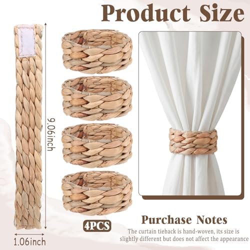 Novabright 4 Pcs Boho Curtain Tiebacks Braided Curtain Ties, Water Hyacinth - Image 2