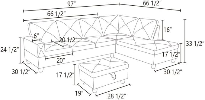 Light Blue L-Shaped 3-Piece Linen Sofa with Storage Ottoman Set, Sectional Couch Sofa Set for Living Room, Office, Small Space