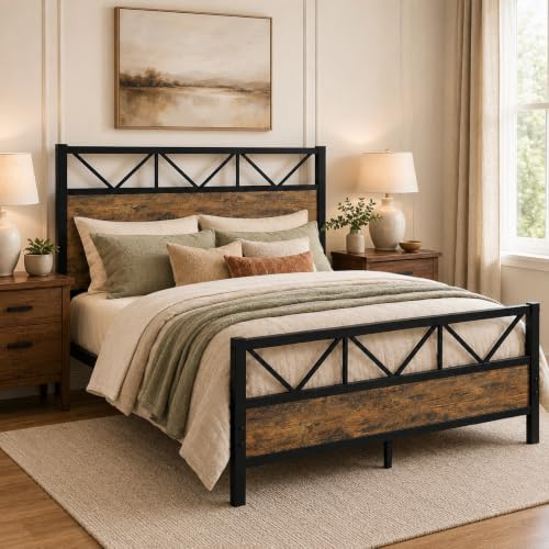 Full Size Bed Frame with 51.2-Inch Headboard, Rustic Brown by IMMERSTABLE