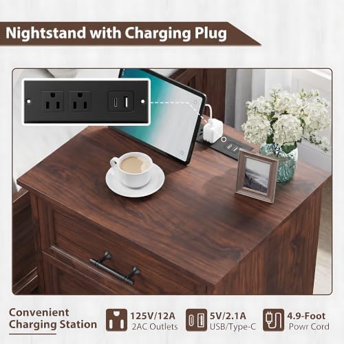 YANSNWO Walnut Nightstand with Charging Station, 19.7" 3-Drawer End Table - Image 5