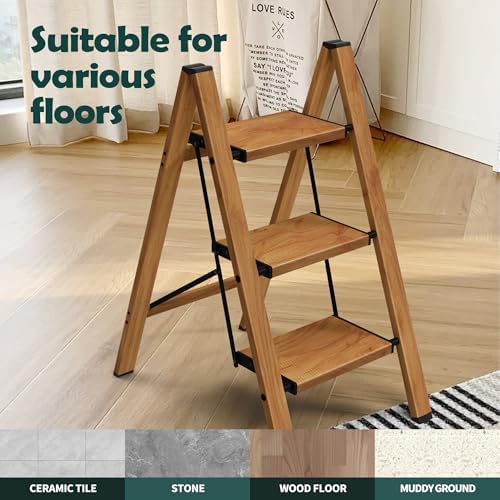 Taranta 3 Step Stool Foldable, Aluminum Step Ladder-Woodgrain - Image 5