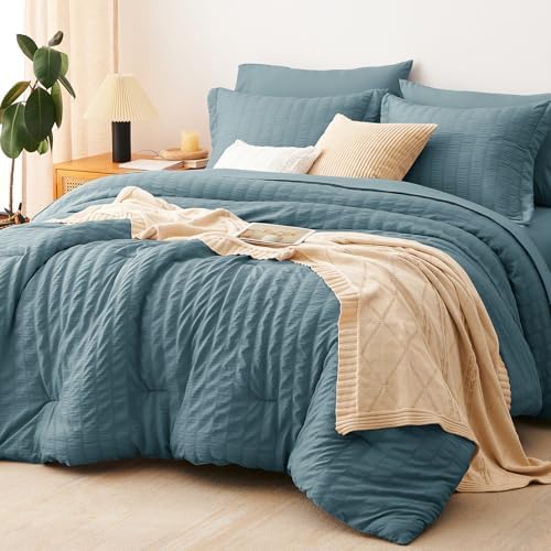 CozyLux King Comforter Set, 7 Pieces Mineral Blue Seersucker Bed in a Bag by CozyLux