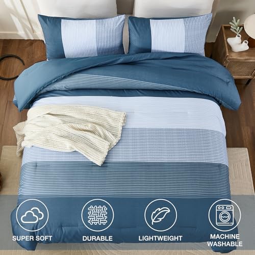 Blue Comforter Set King, Reversible Haze Blue Patchwork Stripe Comforter - Image 3