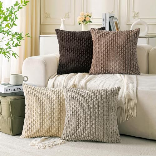 Set of 4 Beige Brown Coffee Decorative Throw Pillow Covers 16x16 Inch Corduroy by Cozoomy