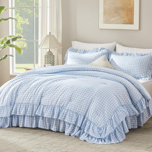 Andency Blue Gingham Twin Size Ruffle Comforter Set, 2 Pieces by Andency