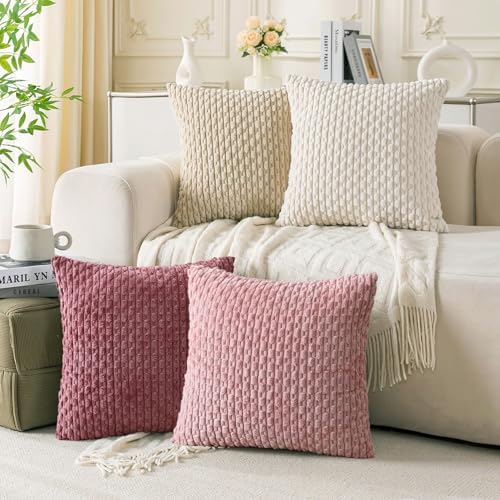 Set of 4 Pink Beige White Decorative Throw Pillow Covers 24x24 Inch Corduroy by Cozoomy