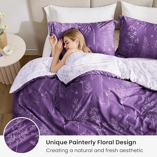 Love's cabin Floral Comforter Set Cute Bedding Twin Reversible Dark Purple - Image 2