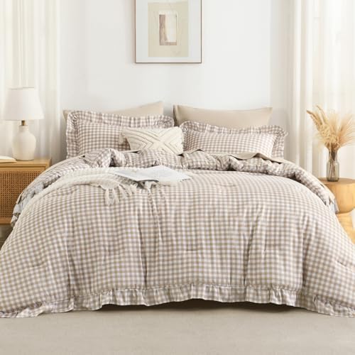 Andency Tan Gingham Ruffle Comforter King, 3 Pieces Vintage Bedding - Image 2