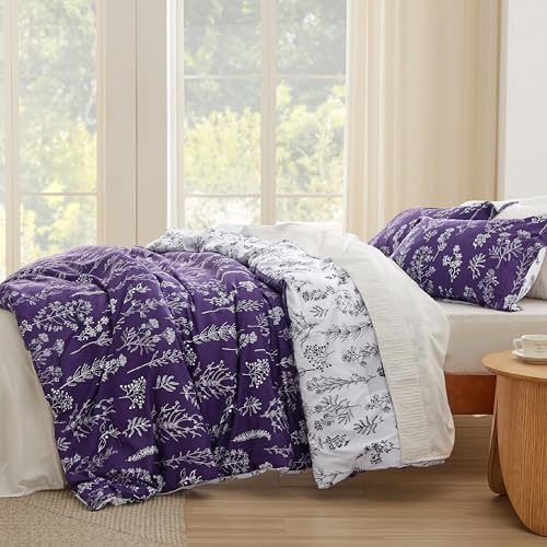 Bedsure Floral Comforter Set Cute Bedding Set Full Reversible Dark Purple - Image 4