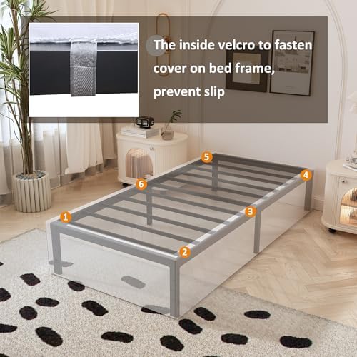 Twin Bed Frame with White Fabric Cover 14 Inch, Heavy Duty Metal Bed Frame Twin - Image 6