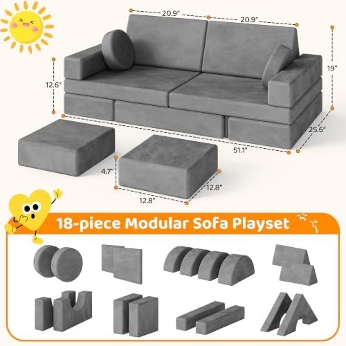18Pcs Kids Play Couch, Modular Foam Couch, Convertible - Image 2