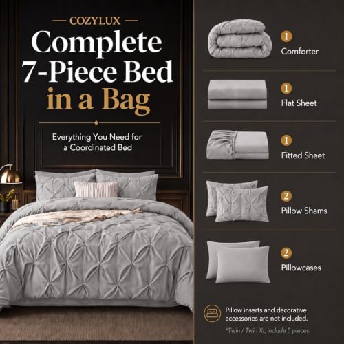 CozyLux Queen Comforter Set French Grey, 7 Pieces Pintuck Bed in a Bag - Image 3