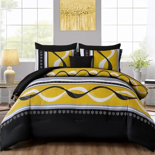 Anibedding Yellow Black Comforter Set Full Size, 8 Pieces Bed in a Bag by Anibedding