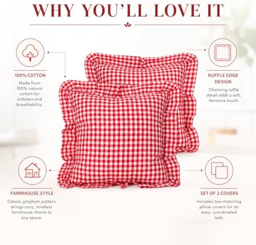 JoraLion Ruffled Throw Pillow Cover 24x24 Gingham Red - Image 5