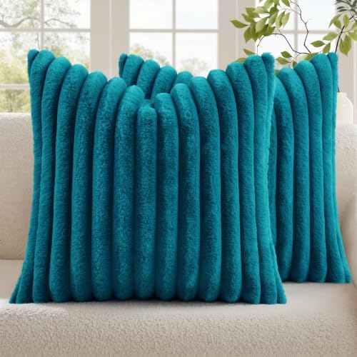 decorUhome Fall Faux Fur Throw Pillow Covers 18x18 Set of 2 Teal by decorUhome