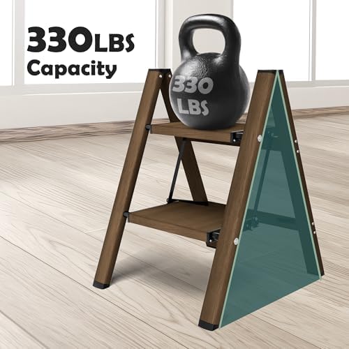 Taranta 2 Step Stool Foldable, Aluminum Step Ladder-Walnut - Image 4
