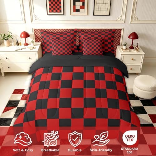Feelyou Checkered 7 Piece Bedding Set Teen Red Black Plaid Comforter Set - Image 3