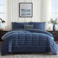 Monbix Oversized Queen Comforter Set-7 Pieces Navy Blue Striped Bedding Set by Monbix