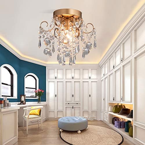 Q&S Mini Chandelier Crystal Ceiling Light, Small Flush Mount Gold Light Fixture - Image 5