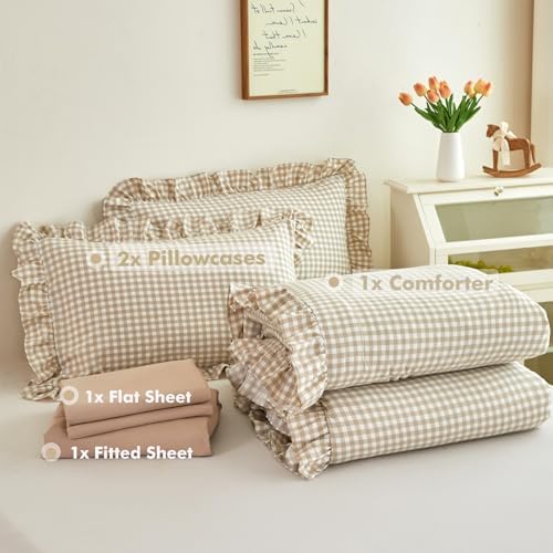 5Pcs King Gingham Comforter Sets Tan Ruffle Checkered Bedding - Image 5