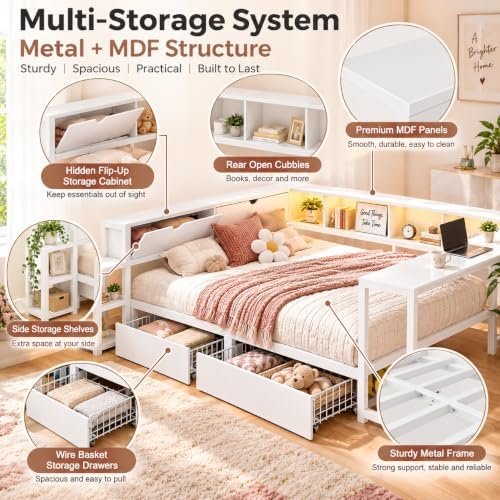 Queen Corner Bed with Desk and Storage, LED corner Bed Frame - Image 5