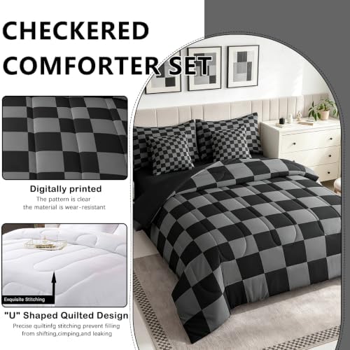 Checkered Retro Comforter Set Full Size 7 Pieces Black Grey Plaid Bedding Set - Image 2