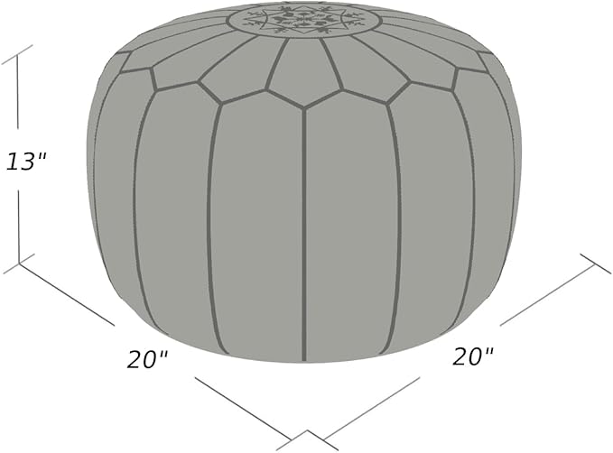 Stuffed Round Design Moroccan Leather Pouf Ottoman, Handmade, Pre-Filled, 100% Genuine Leather, 13” Height x 20” Diameter, Footstool & Living Room Décor (White with Blue Stitches)