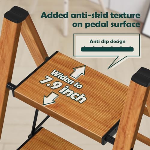 Taranta 3 Step Stool Foldable, Aluminum Step Ladder-Woodgrain - Image 4
