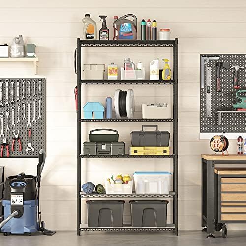 SONGMICS 6-Tier Storage Shelves, Adjustable Wire Shelving Unit, 8 Hooks - Image 4