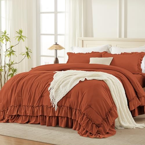 Andency Burnt Orange Twin Size Ruffle Comforter Set, 2 Pieces by Andency