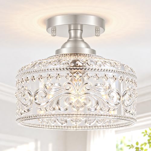 Brushed Nickel Semi Flush Mount Ceiling Light, Antique Ceiling Light by Daunton