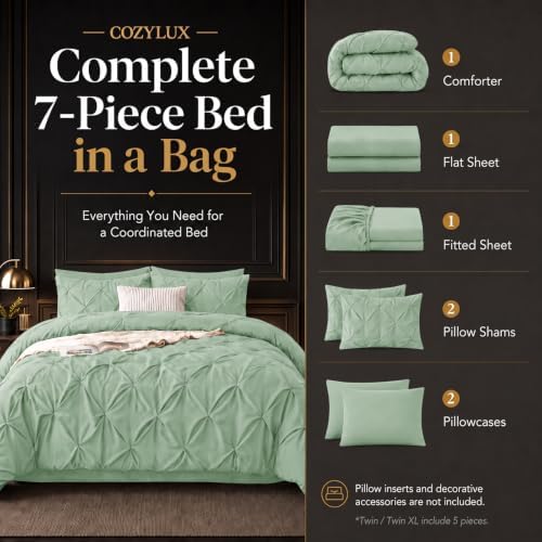 CozyLux Queen Comforter Set Sage Green, 7 Pieces Pintuck Bed in a Bag - Image 3