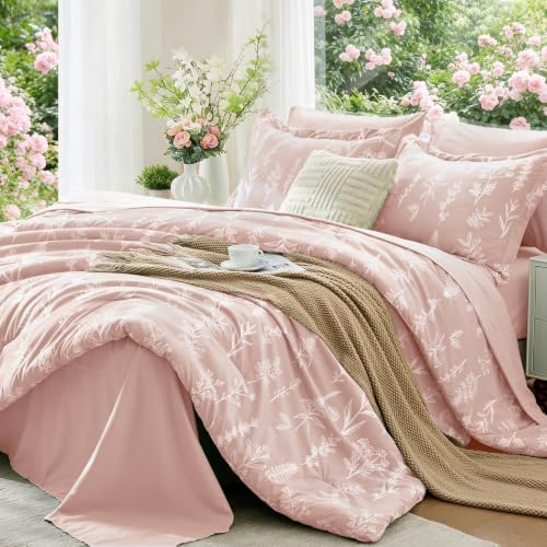 Oversized King Comforter Set, 7-Piece Floral Bed in a Bag, Cameo Pink by MUXHOMO