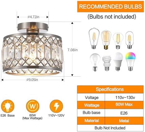 9 Inch Crystal Ceiling Light, Nickel Semi Flush Mount Light Fixture, Small - Image 3