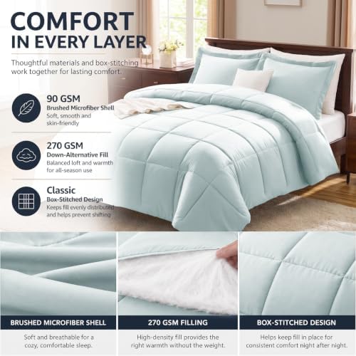 CozyLux Full Size Comforter Sets, 3-Piece Box-Stitched, Ice Blue - Image 3