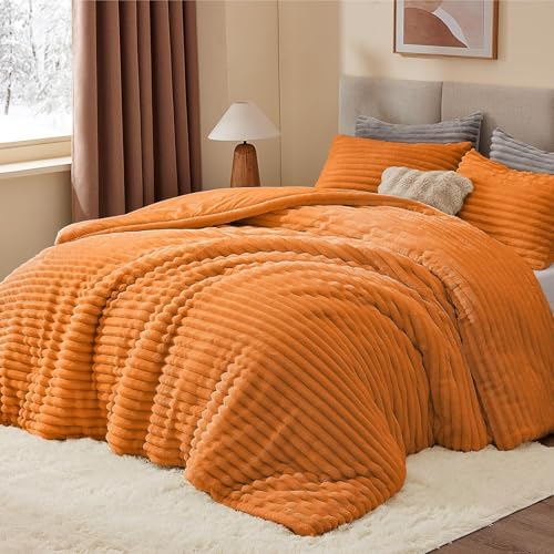 BEDELITE Fleece California King Comforter Set, Fluffy Bed Set, Burnt Orange - Image 3
