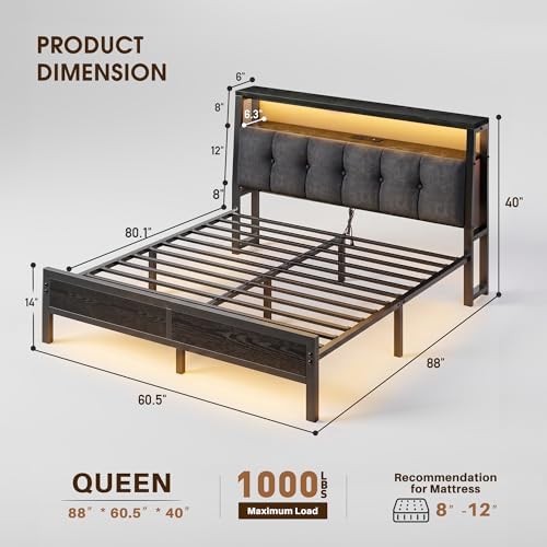 Queen Size Bed Frame with Headboard & Charging Station, LED Lights - Image 2
