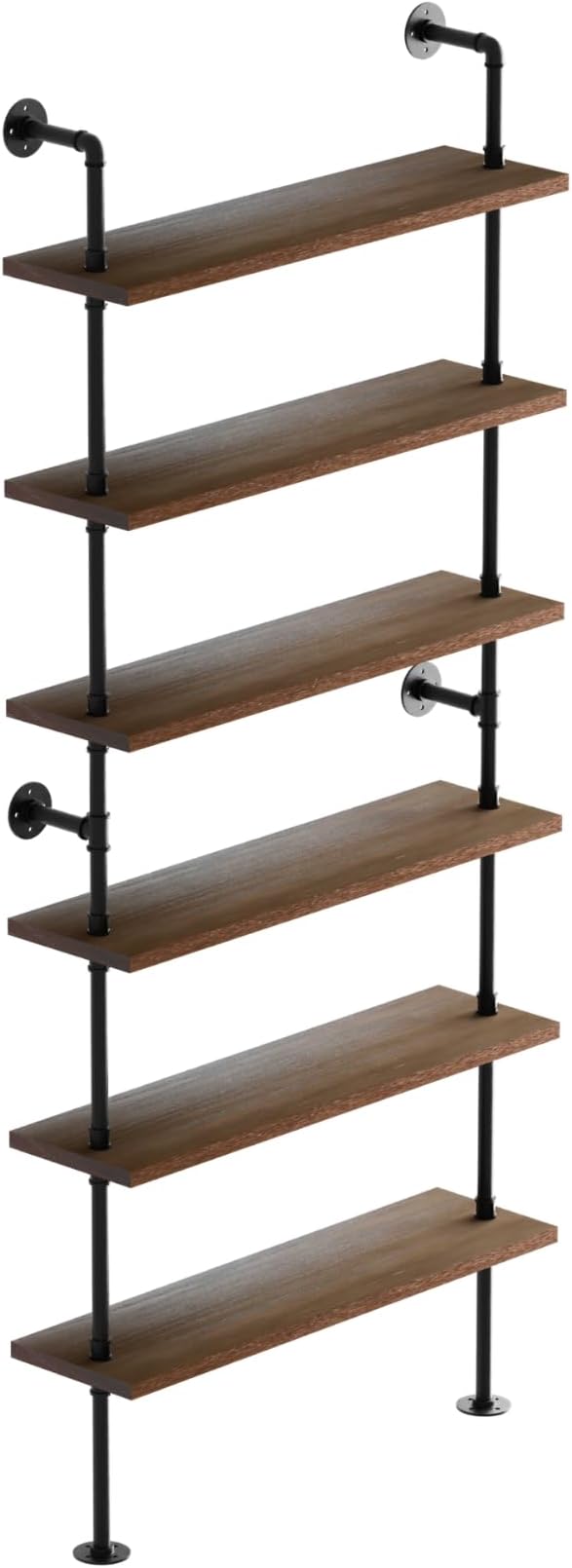 6 Tier Industrial Ladder Shelf Bookcase, Wall Mounted Rustic Bookshelf for Living Room Decor and Storage (Walnut Color, 6 Tier - 10" D x 48" W x 82.5" H)