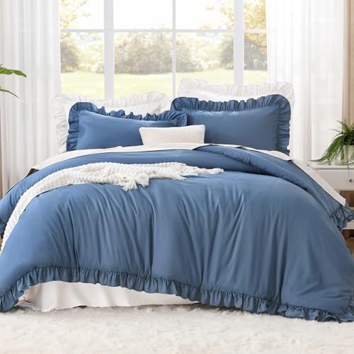 Litanika Queen Comforter Set, 3 Pieces Ocean Blue Ruffle Bedding Set - Image 2