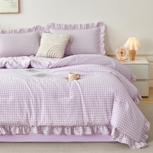 Full Gingham Comforter Set 5 Pieces Purple Ruffled Bedding Sets by RYNGHIPY