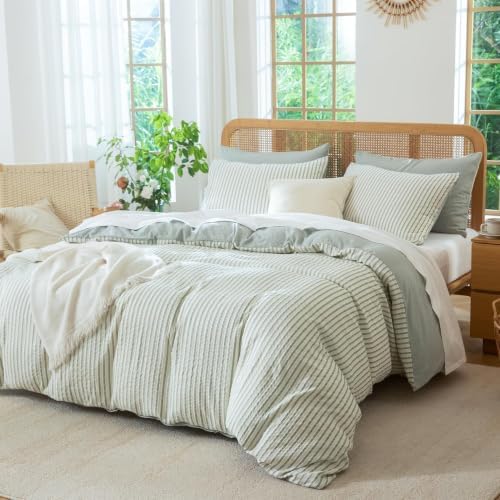 Sage Green Full Size Comforter Set Striped 100% Soft Washed Microfiber Jacquard - Image 3