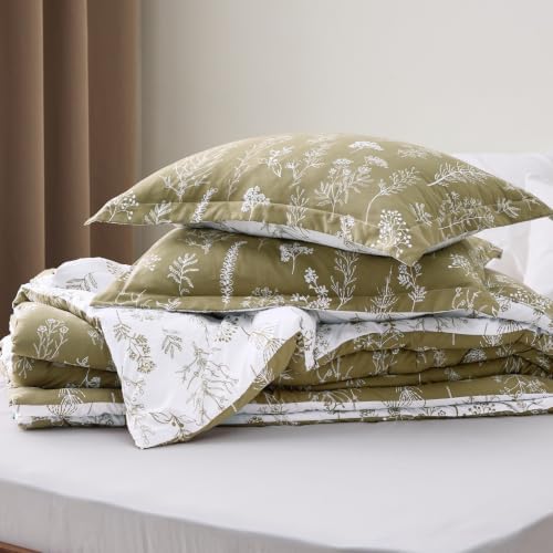Bedsure Floral Comforter Set Cute Bedding Set Oversized Queen Olive Green - Image 6
