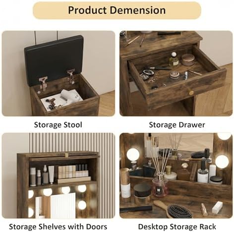 ARTETHYS Small Vanity with Mirror & RGB Light Rustic Makeup Set - Image 3