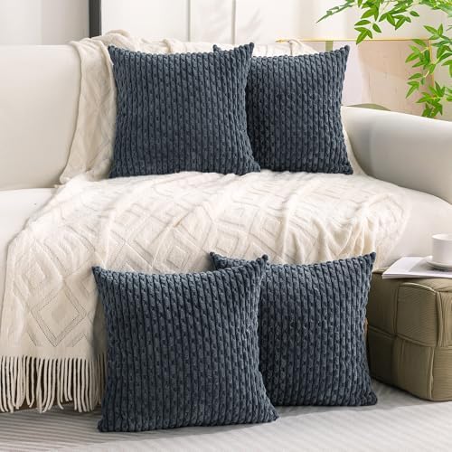 Set of 4 Grey Blue Decorative Throw Pillow Covers 18x18 Inch Corduroy Pillow - Image 2