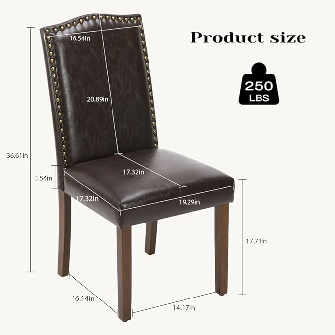 Kitchen Chairs Set of 2 Modern Upholstered Fabric Seat with Nailhead Trim and Ergonomic Lumbar Support for Living Room and Rustic Farmhouse Dining Area, Dark Brown