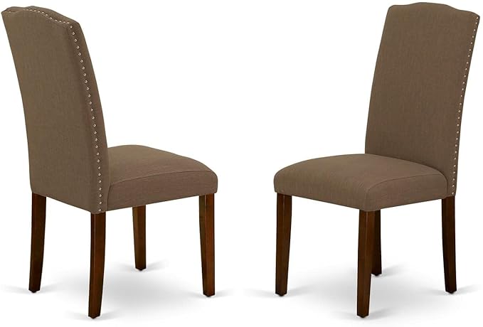 East West Furniture ANEN3-MAH-18 3 Piece Dining Room Furniture Set Contains a Round Kitchen Table with Pedestal and 2 Dark Coffee Linen Fabric Parson Dining Chairs, 36x36 Inch, Mahogany