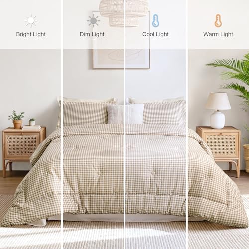 King Comforter Set, Fluffy Tan Gingham Plaid Bedding, 3 Pieces - Image 6