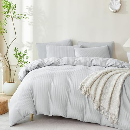 Striped Comforter King Set Light Grey 100% Soft Washed Microfiber Jacquard 3 by BUPIRD