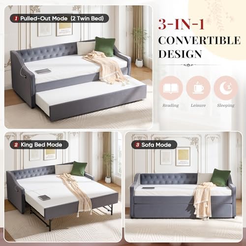 Daybed with Trundle Bed Twin, Upholstered Day Beds Frame - Image 3