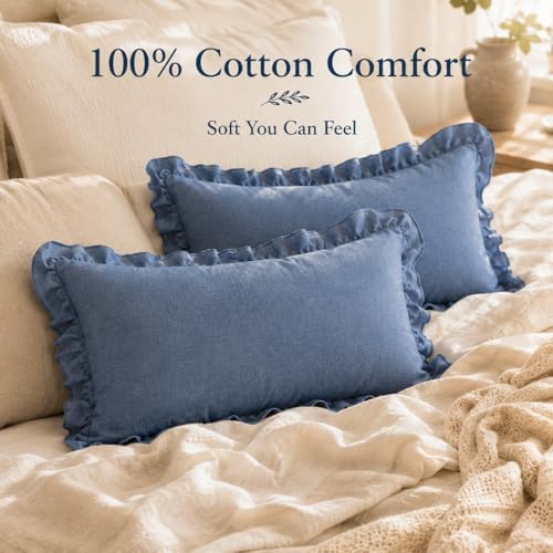 JoraLion Ruffled Throw Pillow Cover 12x20 Solid Dark Blue - Image 6